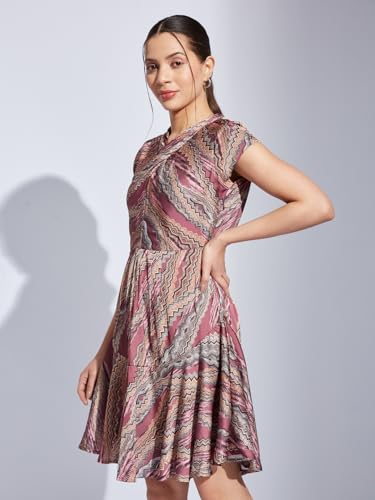 Latin Quarters Women Pink V-Neck Cap Sleeve Printed Fit & Flare Dress for Casual Wear