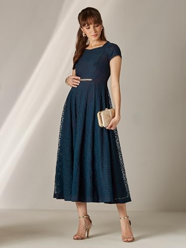 Miss Chase Womens Sweetheart-Neck Short Sleeve Self-Designed Lace Overlaid Midi Dress (MCSS25D16-77-83-03, Teal, S)