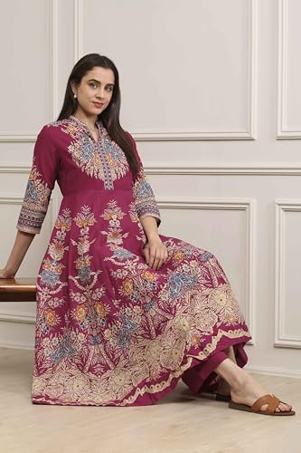 Biba Women Magenta Cotton Kalidar Printed Kurta Pants Set_36