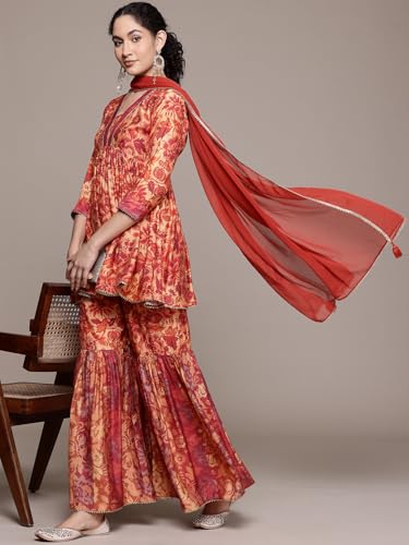 Aarke Ritu Kumar Rust Lavish Loom 3/4 Sleeve Kurta With Sharara And Dupatta