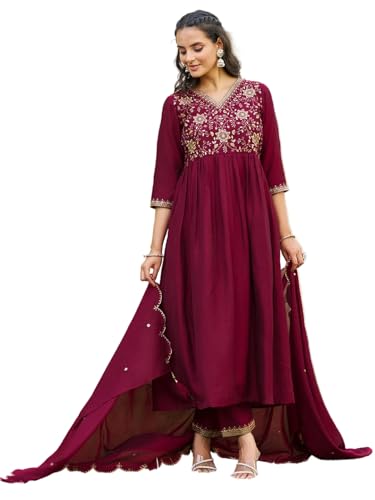 NIVANA Emboidered Flared Kurta with pant & Embroidered Dupatta | M | Maroon | V-neck | 3-Piece Ethnic Set