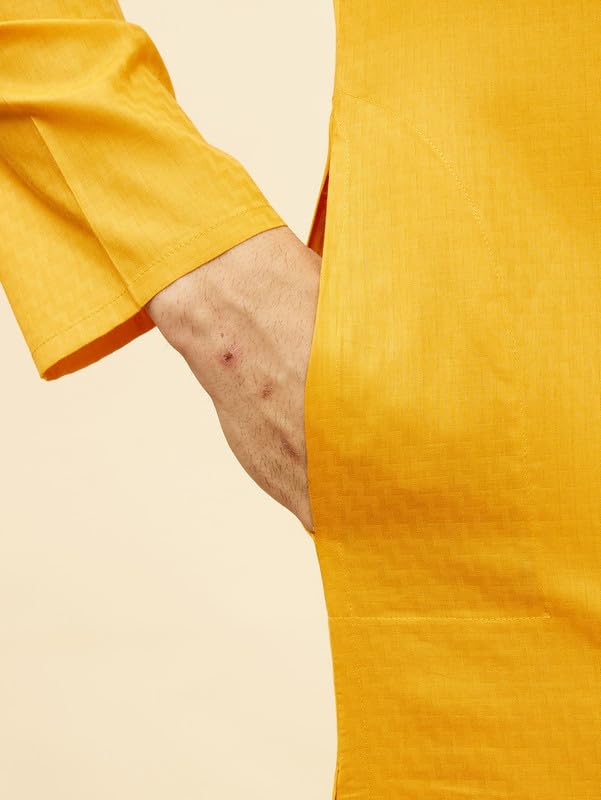 Manyavar Men's Mustard Cotton Checks Kurta Pyjama Set