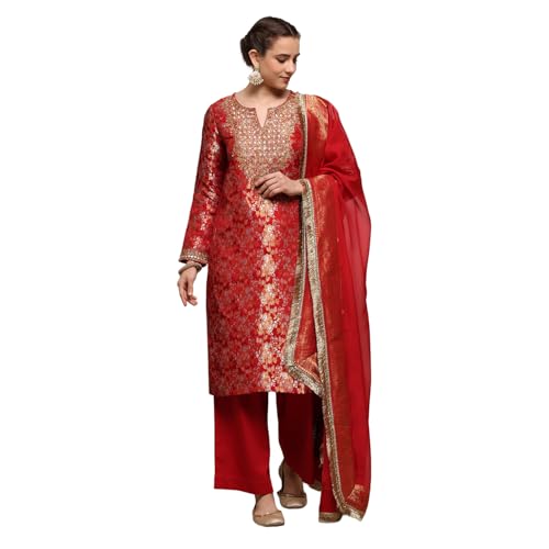 Biba Women Red Viscose Rayon Straight Yarndyed Suit Set_36