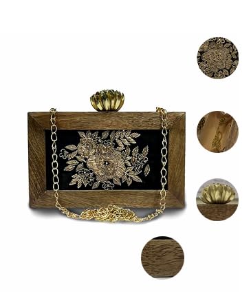 Handmade Crossbody Ethnic Wooden Clutch for Women – Unique Rose Embroidery, Latest Fashionable Purse for Any Outfit