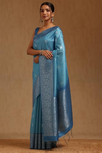 Soch Womens Blue Tussar Zari Woven Saree