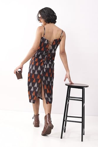 Biba Nxt Women Black Cotton Abstract Printed Strappy Midi Dress_32