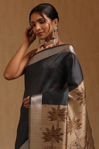 Soch Womens Grey Tussar Botanical Printed Saree
