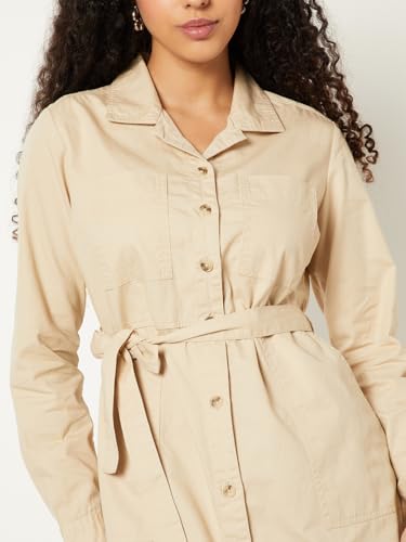 Max Women Solid Shirt Midi Dress (Beige_M)