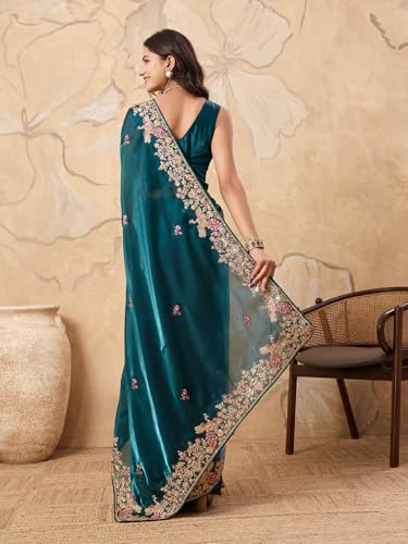 Ekasya Women Jimmy Silk Teal Green Floral Pattern Embroidery Work Saree With Unstitched Blouse (E6386_2)
