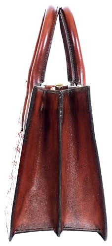 eske Noah Compact Croco Leather Handbag for Women | Italian Leather Satchel with Slider Clasp | 3 Compartments, Zipper & Slip Pockets | Removable Strap & Handles | Small Designer Office Bag (Dark Tan)