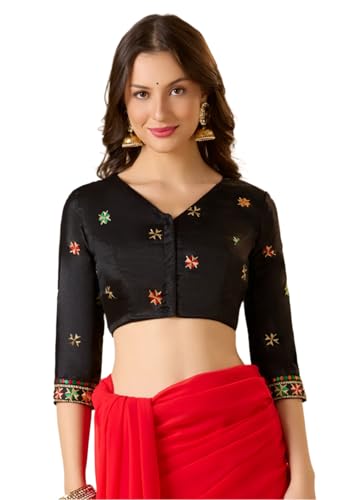 S SALWAR STUDIO Black Chinon Silk V Neck Phulkari Readymade Blouse