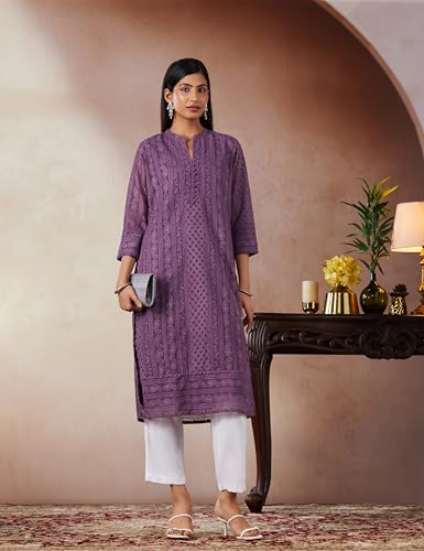 Soch Womens Purple Paisley Embroidered Mandarin Collar Georgette Kurta