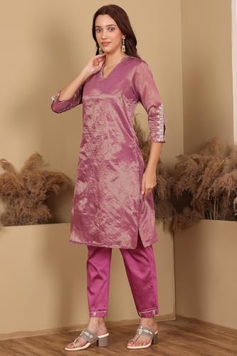 W for Woman Purple Chanderi Lurex Stripe Embroidered Kurta, Pants ad Dupatta Set (Size: XL)-24FEWS19932-313446