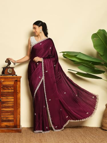 Meena Bazaar Women's Chinon Saree | Premium Traditional Saree | Wedding Guest, Festive & Celebration Saree
