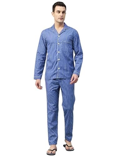 Hancock Men Cotton Printed Night Suit Blue & White Size L