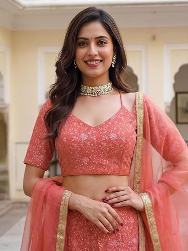 Zeel Clothing Women's Sequins Thread Embroidered Georgette Lehenga Choli With Dupatta (7083-Peach-Women-New-Lehenga-Choli; Free size) (Peach)