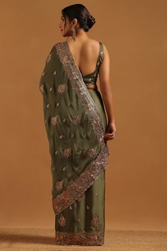 Soch Womens Green Fendy Chiffon Floral Saree With Stone Work
