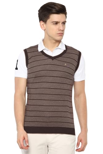 Louis Philippe Men Brown Stripe V Neck Sleeveless Sweater