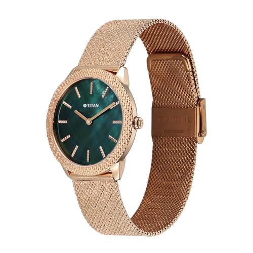 Titan Glamour Quartz Analog Green Mother of Pearl Dial Rose Gold Stainless Steel Strap Watch for Women