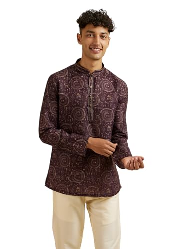 Manyavar Men's Viscose Blend Printed Short Kurta (Wine,L)