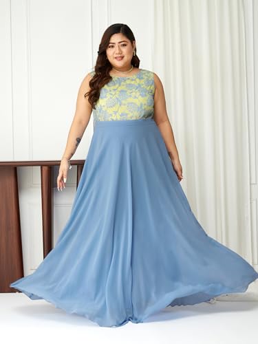 Miss Chase A+ Women's Round Neck Sleeveless & Lace Floral Fit & Flare Maxi Dress (APSS21D06-11-471-06, Cloud Blue, XL)