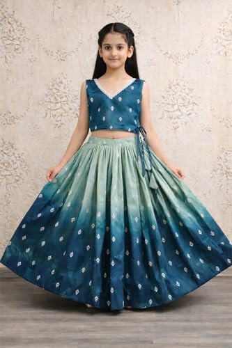 Helene Girls Ombre Lehenga Choli Set | Sleeveless V-Neck Crop Top & Flared Lehenga Skirt | Ethnic Wear for Kids | 2-8 Years Girls (Rama, 3-4 Years)