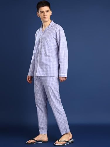 Hancock Men Cotton Checked Night Suit Lavender Size S
