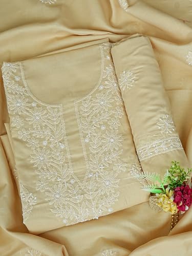 Ada Hand Embroidered Lucknowi Chikankari Unstitched Cotton Dress Material Suit Piece with Dupatta for Women 01A765261 Fawn
