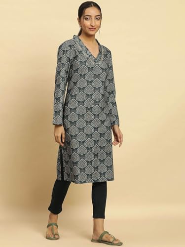 W for Woman Green Printed Winter Kurta with Embroidery (Size: M)-24NOW10359-122962