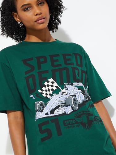 Max URB_N Women Printed Oversized T-Shirt (Green_L)