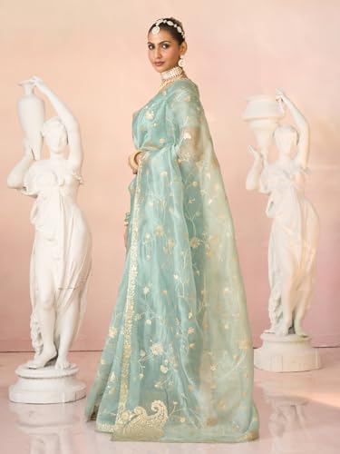 Laxmipati Kesaar Bhog Tissue Organza Floral Embroidered Saree in Pastel Blue Color_N-2953