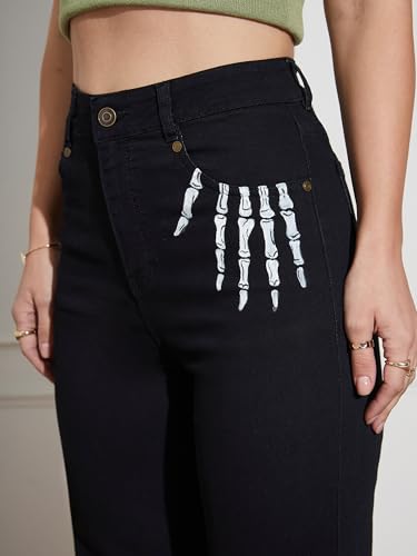 Miss Chase Women's Wide Leg High Rise Hand Painted Skeleton Art Stretchable Denim Jeans (MCSS18DEN02-19-342-30, Shadow Black, 30)