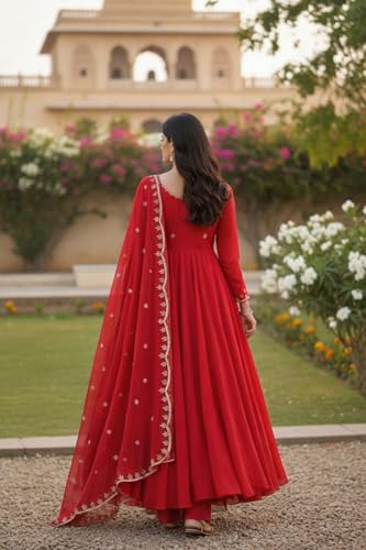 Leeli Peeri Designer Women's Vichitra Silk Embroidery Work Anarkali Kurta with Trouser and Dupatta