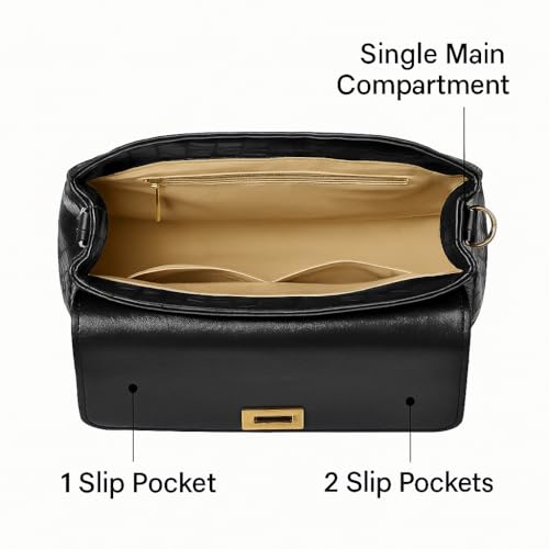 eske Noah Flap Handbag for Women Genuine Leather Satchel with Twist Lock Closure Dual Handles Detachable Sling Strap 1 Compartment Zipper and Slip Pockets Office Purse (Black)