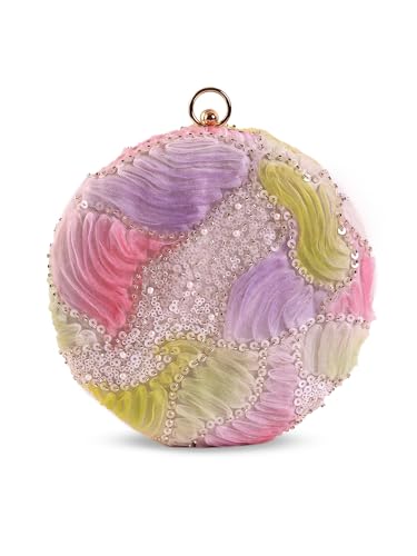 THE TAN CLAN Tide Pink floral embroidered clutch purse women stylish for bridal handbag round designer clutch bag for women wedding party ethnic fancy with metal handle ladies purse