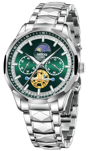 NIBOSI Chronograph Fly Wheel Watch For Men Analog Quartz Dress Diamond Business Stainless Steel Watches Date Luxury Men's Wristwatch|Birthday Gift For Men|Gift For Husband,Brother (Silver-Green)