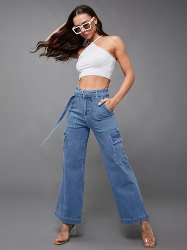 Miss Chase Women's Straight Fit Mid Rise Hand Painted Stretchable Denim Jeans (MCSS18DEN02-19-392-28, Vivid Blue, 28)