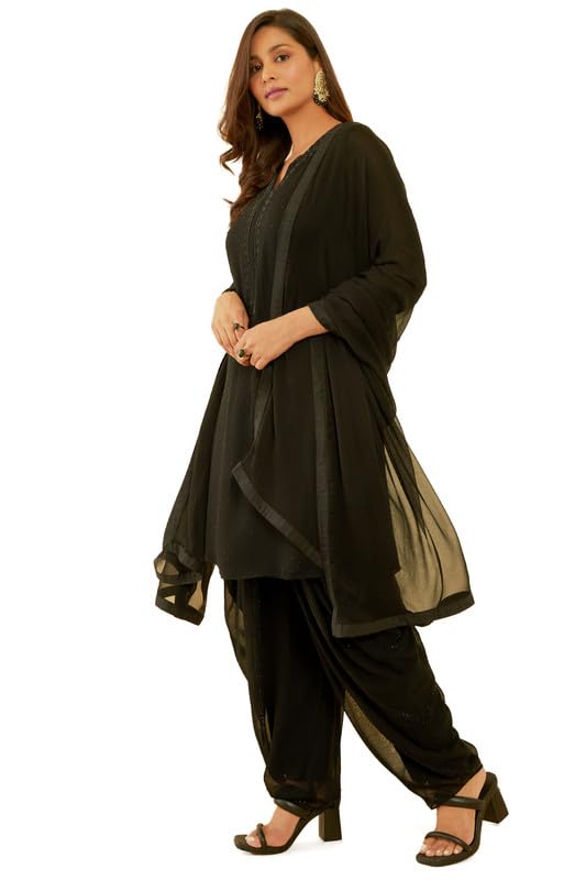 Soch Womens Black Embellished Georgette Suit Set with Dupatta