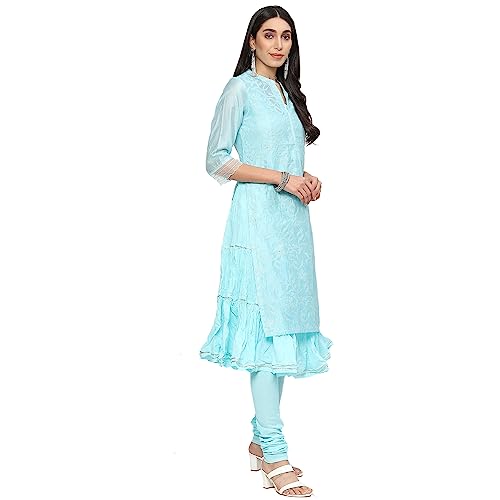 BIBA Women's Polyester Blend Embroidery Fitted Salwar Kurta Dupatta(SKDCHIKANKA8625_TURQUOISE_34)