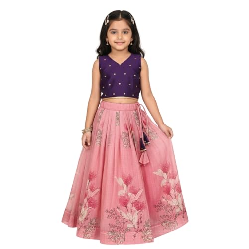 Tejam Girl's Latest Sleeveless Crop Top With Pink Lehenga Set - Traditional Dress - Floral Printed Lehenga Choli For Kids 2 To 8 Years (Pink, 4-5 Y)