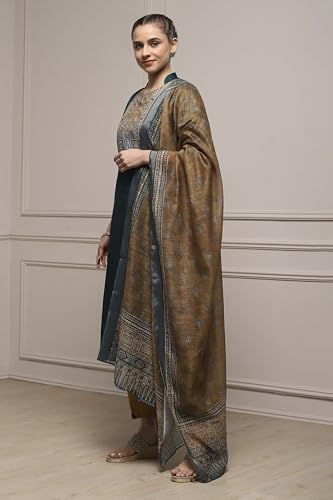 Biba Women Blue Cotton Printed Embroidered Unstitched Suit Set_FREE SIZE