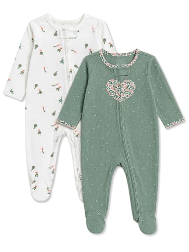 TuddyBuddy Baby Girl's Cotton Printed Full Long Sleeves Zipper Sleepsuits/Footed Rompers for Baby Girl (Pack of 2 Sleepsuits - White Carrots AOP & Olive Polka, 3 Months-6 Months)