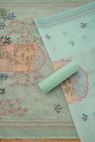 Soch Womens Sap Green Linen Blend Botanical Print Unstitch Dress Material With Thread Work