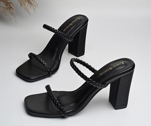 LOUIS STITCH Women's Fashion Slip-On Block Heel Sandals | Open Toe Black Stylish Mule Heel Sandal for Ladies | LSOF-LDBH-WEVSTJB| (UK-6)