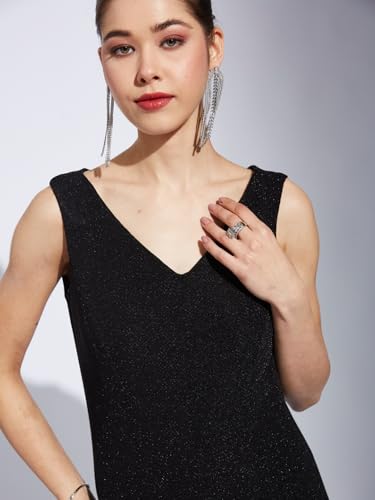 Latin Quarters Women Black Solid A-Line Midi Dress with V-Neck and Sleeveless Design Ideal