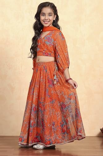 Biba Girl's Orage Polyester Prited Kalidar Lehega Set