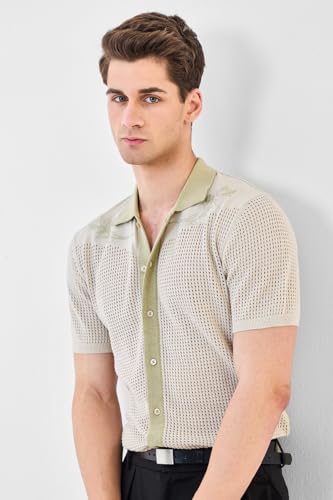 SNITCH Men's Luxe Shirt | Breathable Perforated Design with Intricate Embroidery | 100% Cotton Polo Collar Casual Wear | Lightweight & Stylish Summer Fashion | Light Green