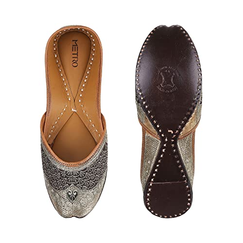 Metro Womens Beaded Gun Metal Mojaris (Size (6 UK (39 EU))