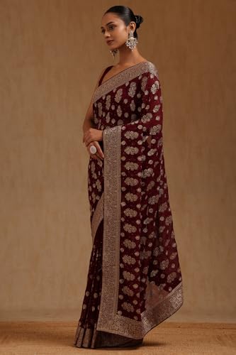 Soch Womens Wine Georgette Embroidered Saree With Stone Work