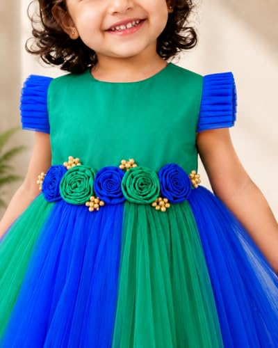 Stanwells Kids Baby Girl Peacock Blue Net Frock Birthday Kids Dress for Girls Short Sleeve Flared Knee Length 2-3 Years